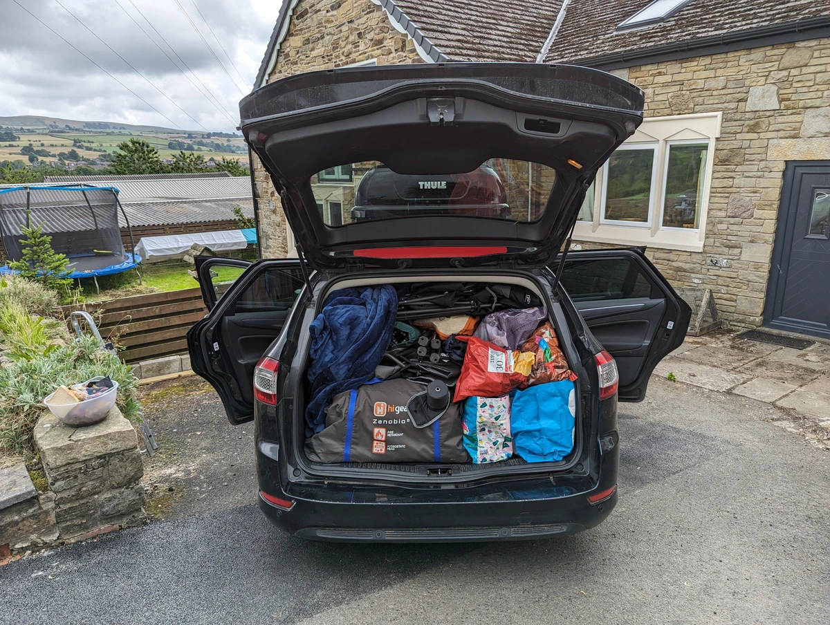 A Ford Mondeo full loaded and ready to go camping at the Yorkshire Dales Food and Drink Festival With Kids