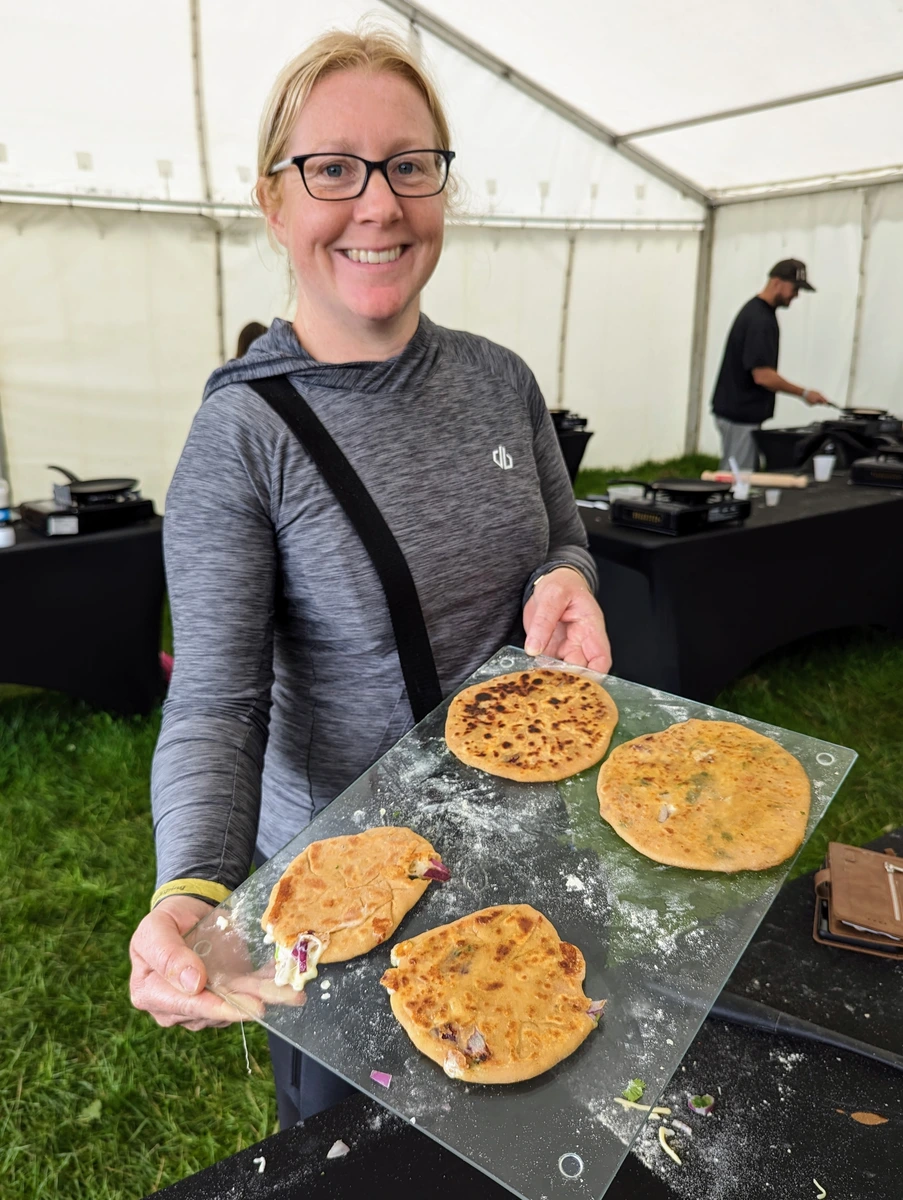 Kirsty proud of her paratha cooked at the ShikShak Indian Cookery School workshop 