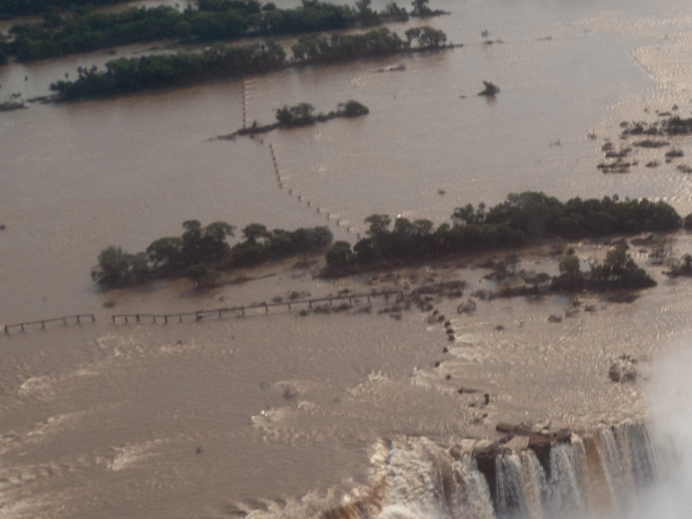 A picture of the damaged Devils Throat section of Iguazu Falls after the heavy rains of October 2023 taken from helicopter. 