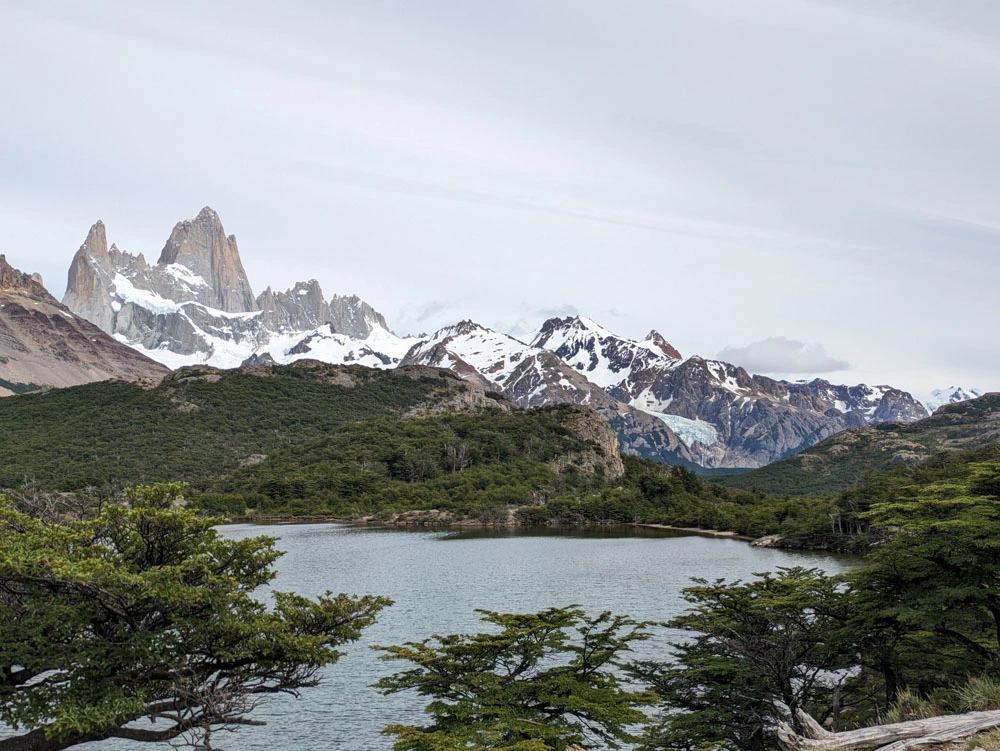 View of Laguna Capri with Cerro Fitz Roy looming in the distance on a child friendly walk from El Chalten with kids