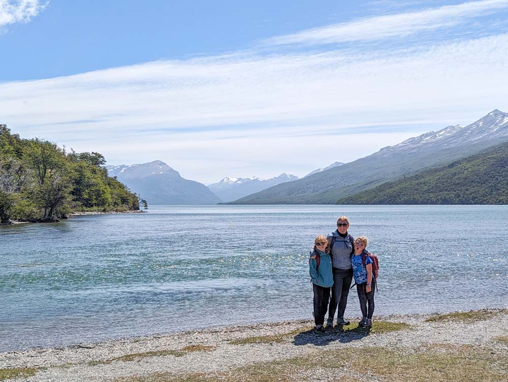 Kirsty and the girls on the beach in Tierra Del Fuego National Park with Lago Acigami behing and the Andes in the distance.