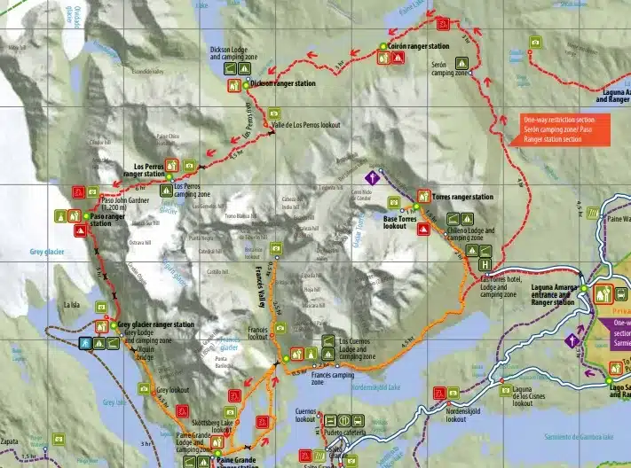 A map of Torres Del Paine National Park highlighting the walking trails, roads and amenities