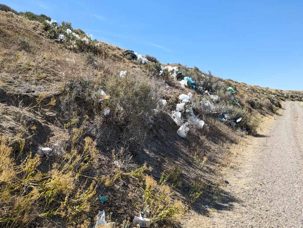 A bank at the side of the road in Puerto Deseado littered with hundreds of plastic bags and rubbish