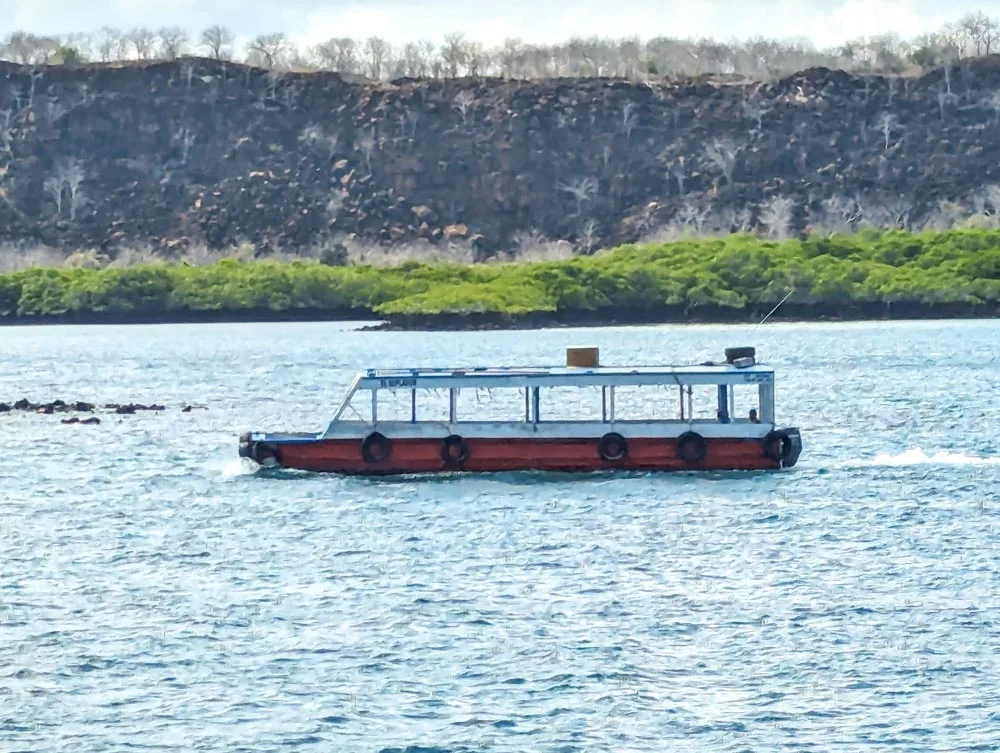 An empty water taxi on the Itabaca Chanel with mangroves and cliffs in the background